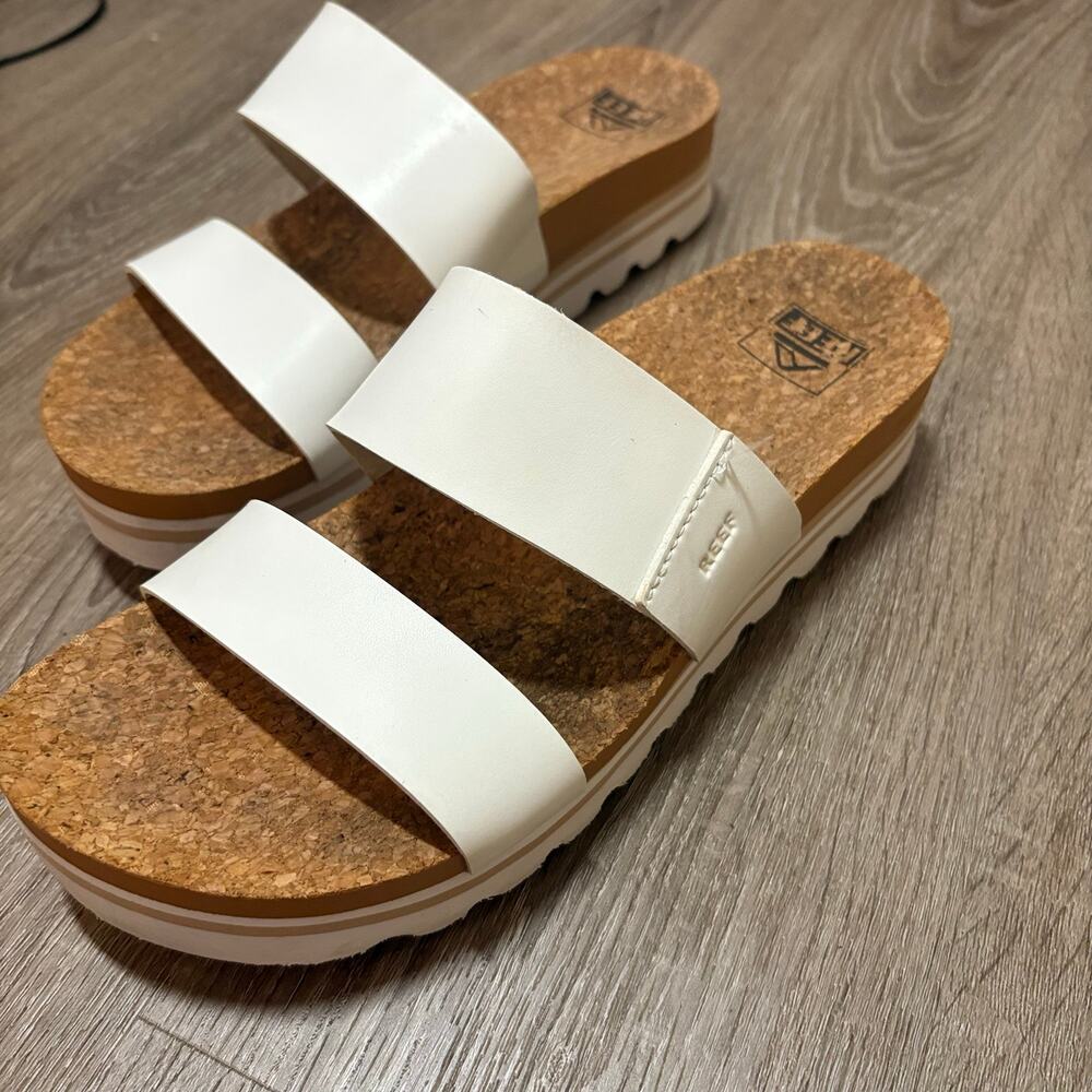 REEF Cushion Vista Hi Platform Slide Sandals Women’s Size 9 White Cork Footbed